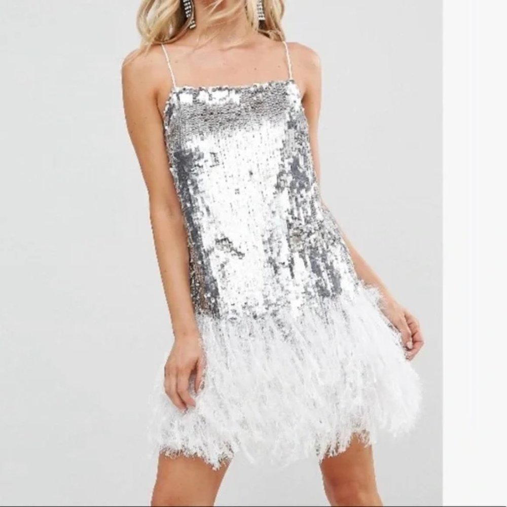 Formal-ASOS flirty dress with sequins and white Feathers, small